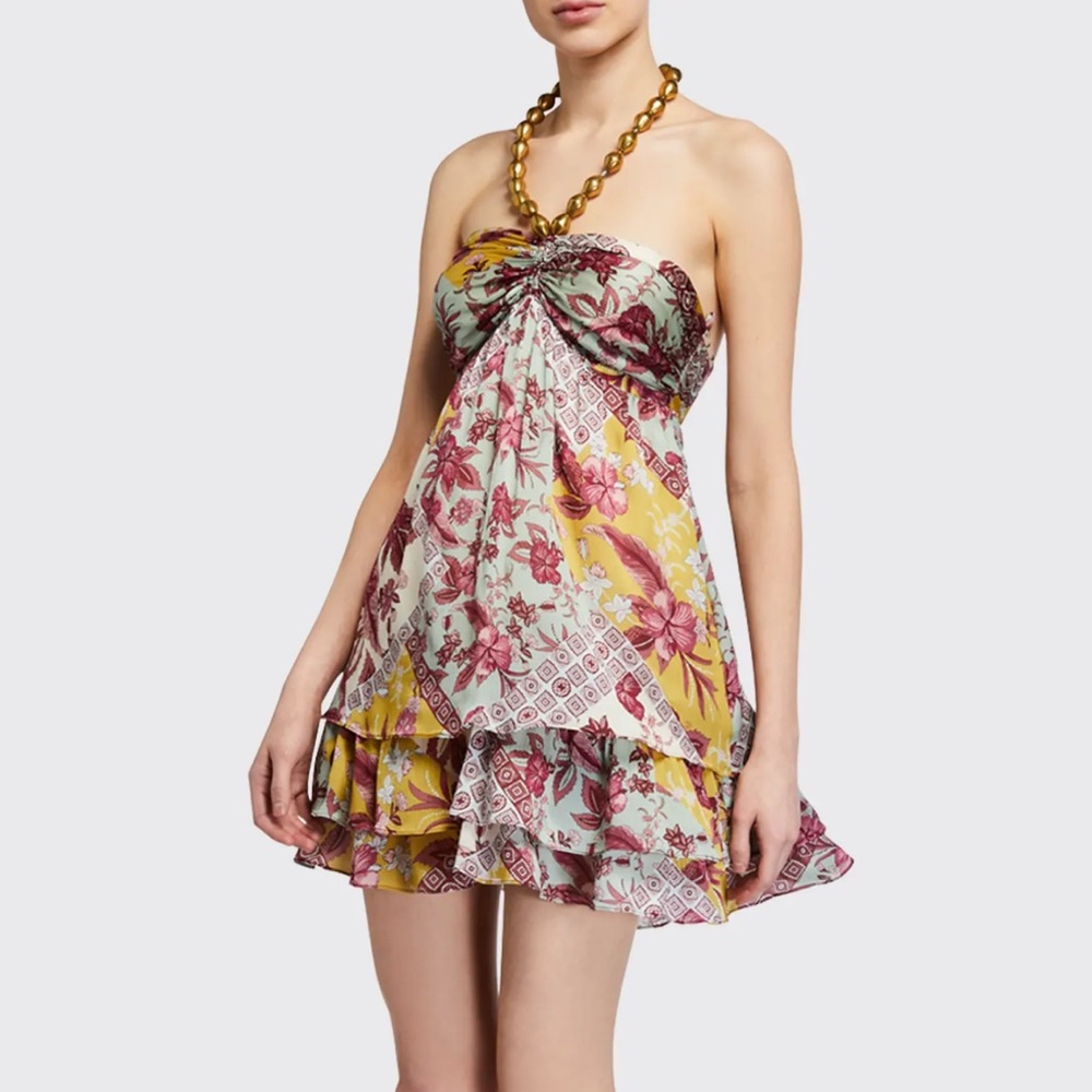 Alexis Strapless Mini Dress in Yellow, Pink, Cream Floral Print